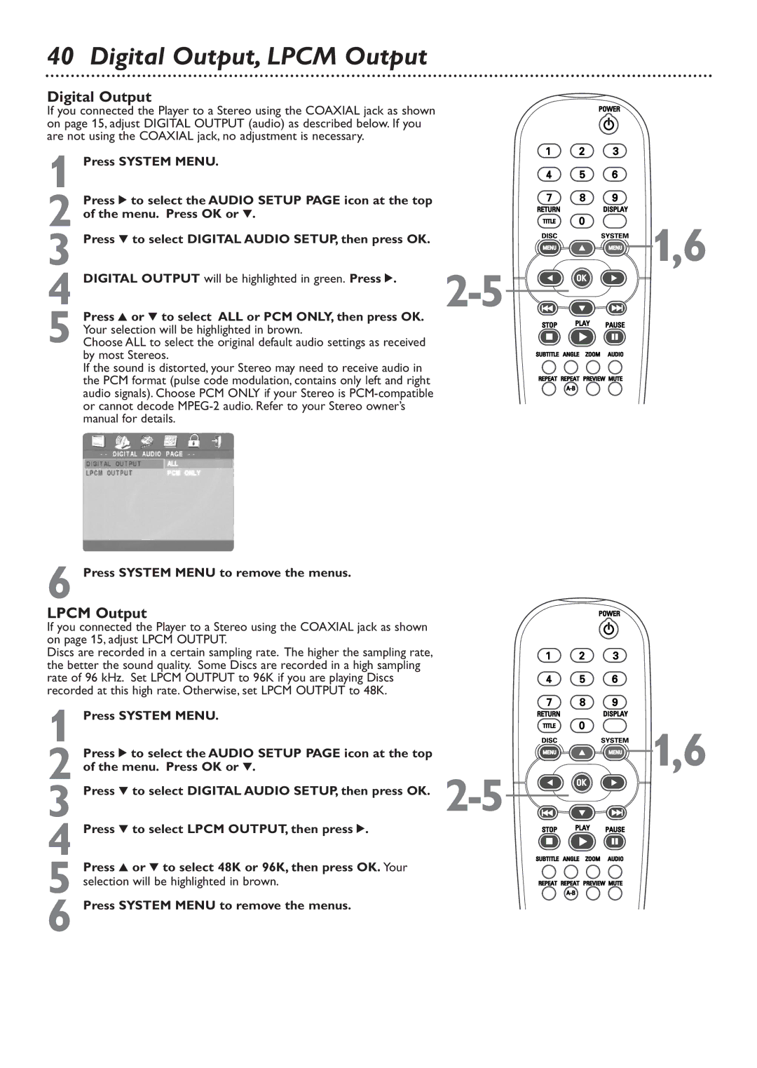 Philips DVD726 owner manual Digital Output, Lpcm Output, Press 3 or 4 to select ALL or PCM ONLY, then press OK 