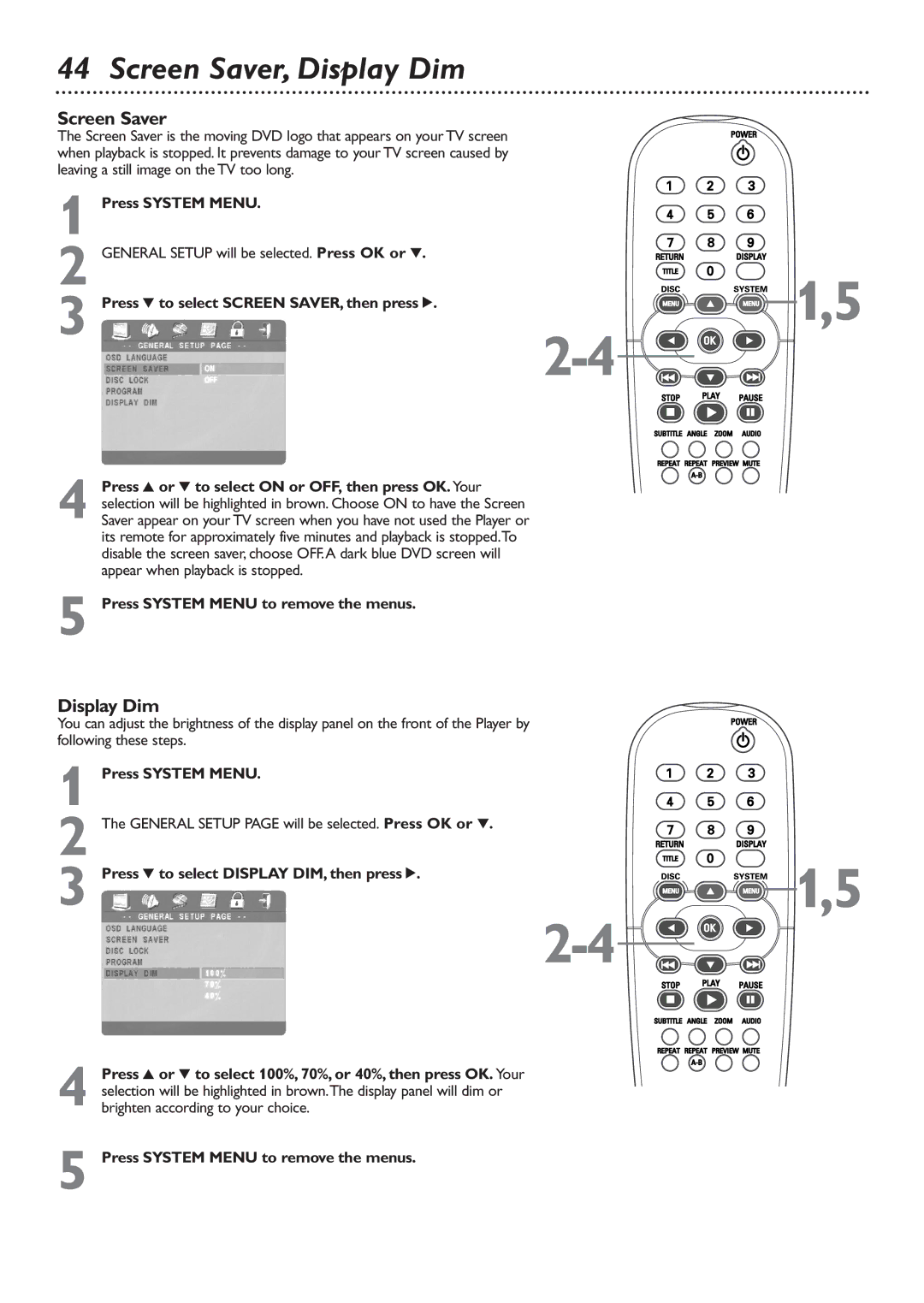 Philips DVD726 owner manual Screen Saver, Display Dim 