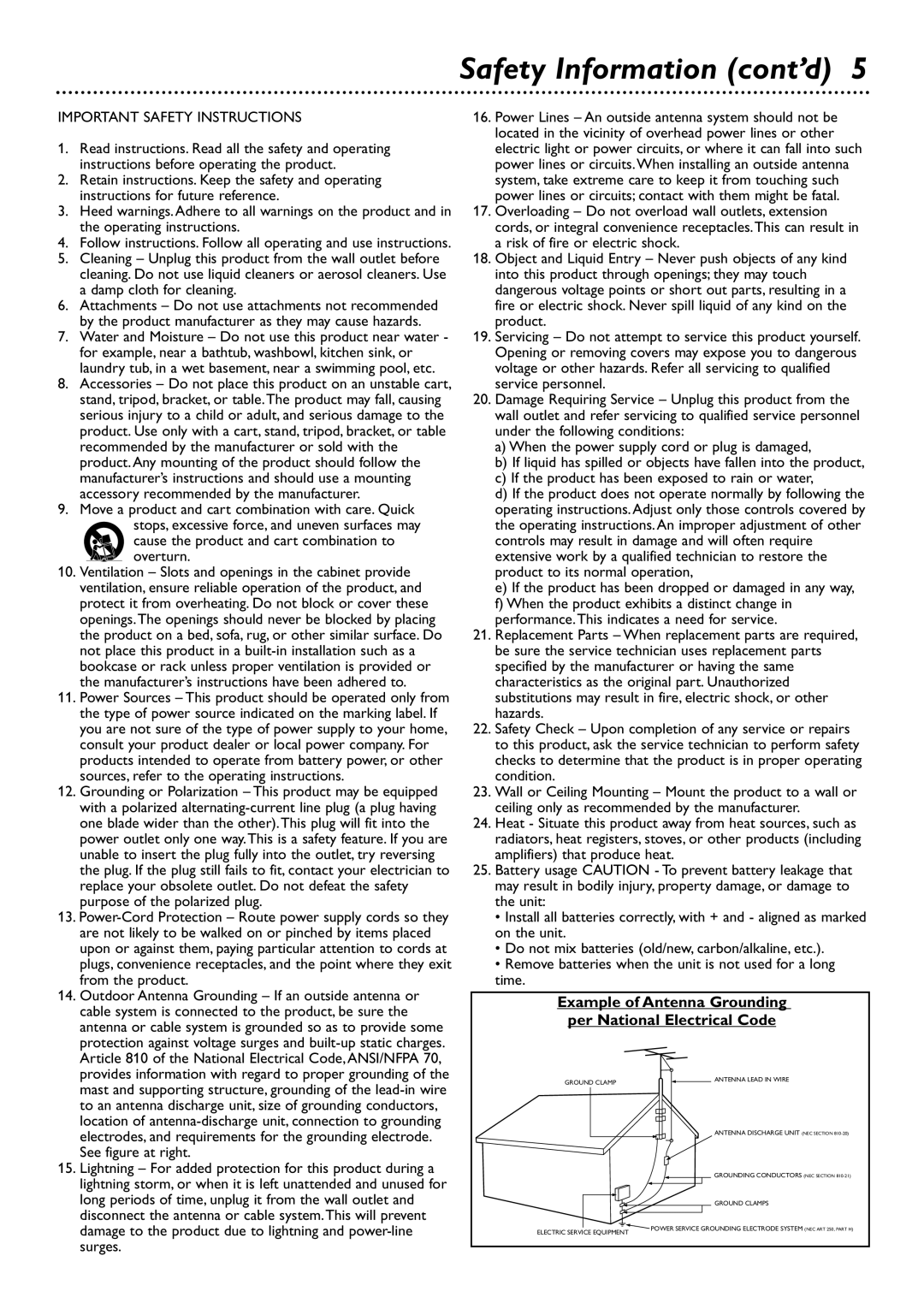 Philips DVD726 owner manual Safety Information cont’d, Example of Antenna Grounding per National Electrical Code 