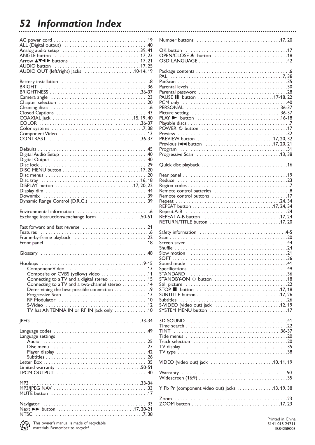 Philips DVD726 owner manual Information Index, Contrast 