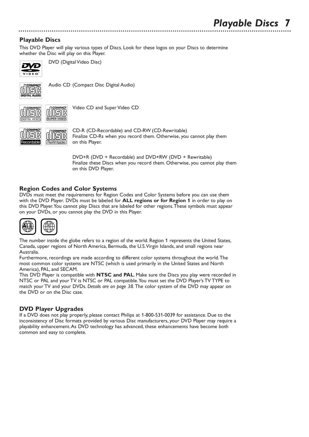 Philips DVD726 owner manual Playable Discs, Region Codes and Color Systems, DVD Player Upgrades 