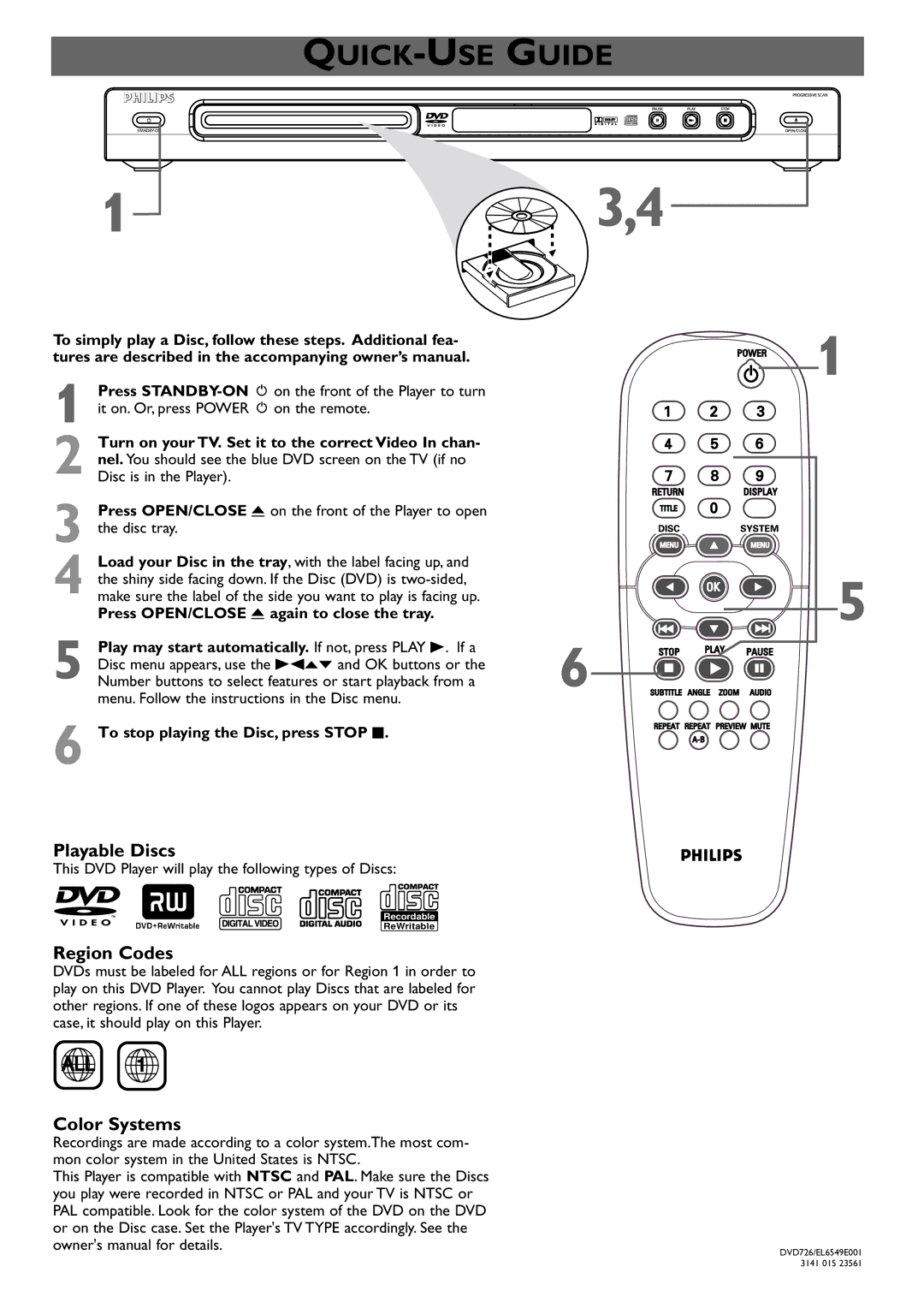 Philips DVD726AT Playable Discs, Region Codes, Color Systems, Turn on your TV. Set it to the correct Video In chan 