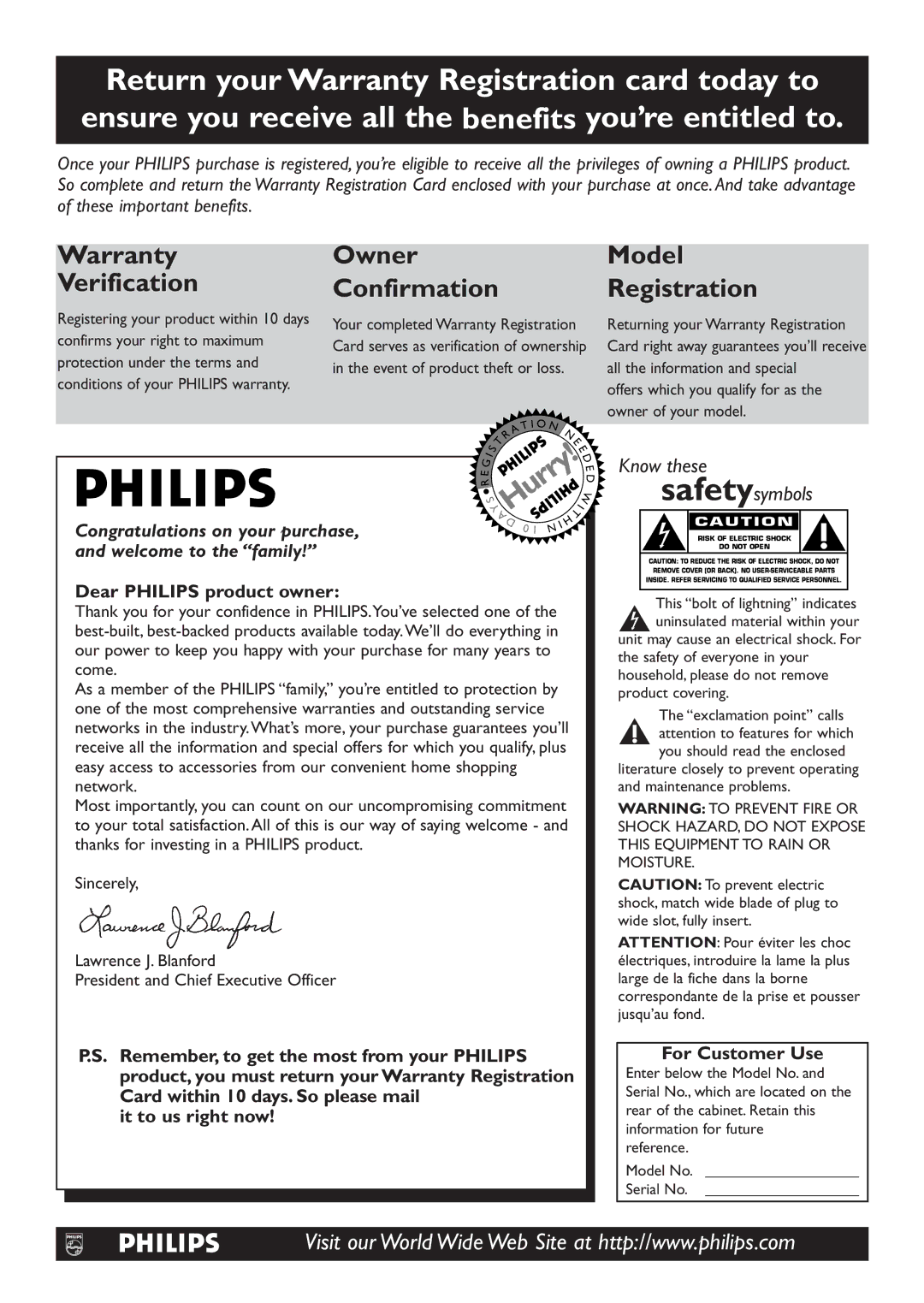 Philips DVD726v2 owner manual Dear Philips product owner, Remember, to get the most from your Philips, For Customer Use 