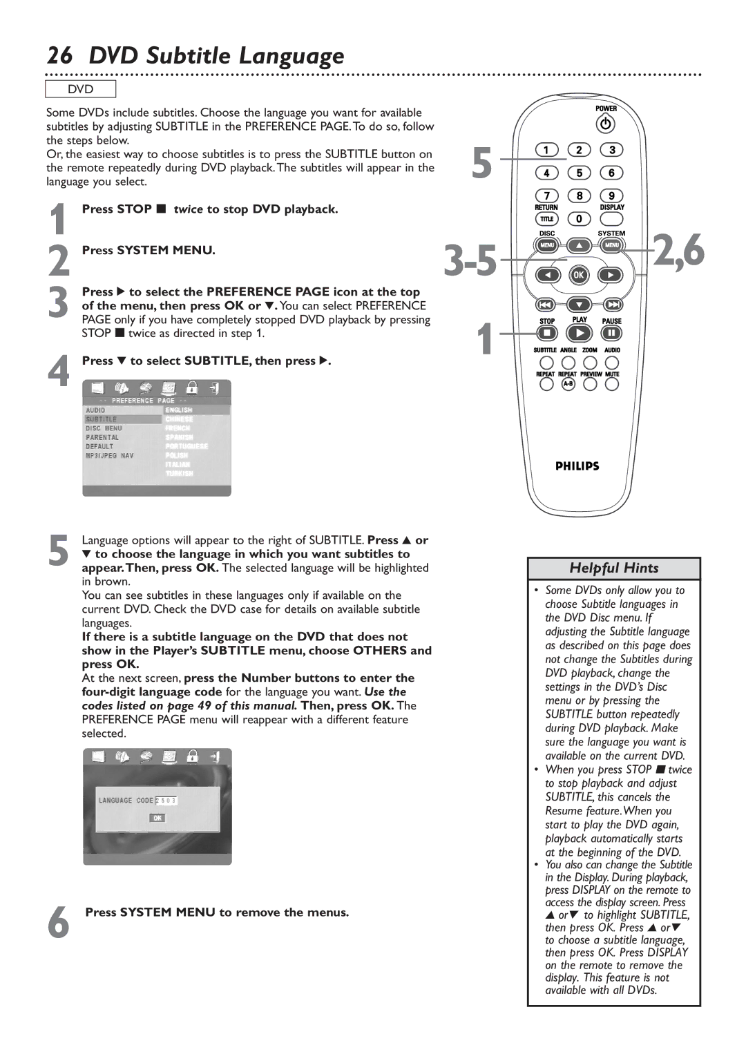 Philips DVD726v2 owner manual 2,6, DVD Subtitle Language 