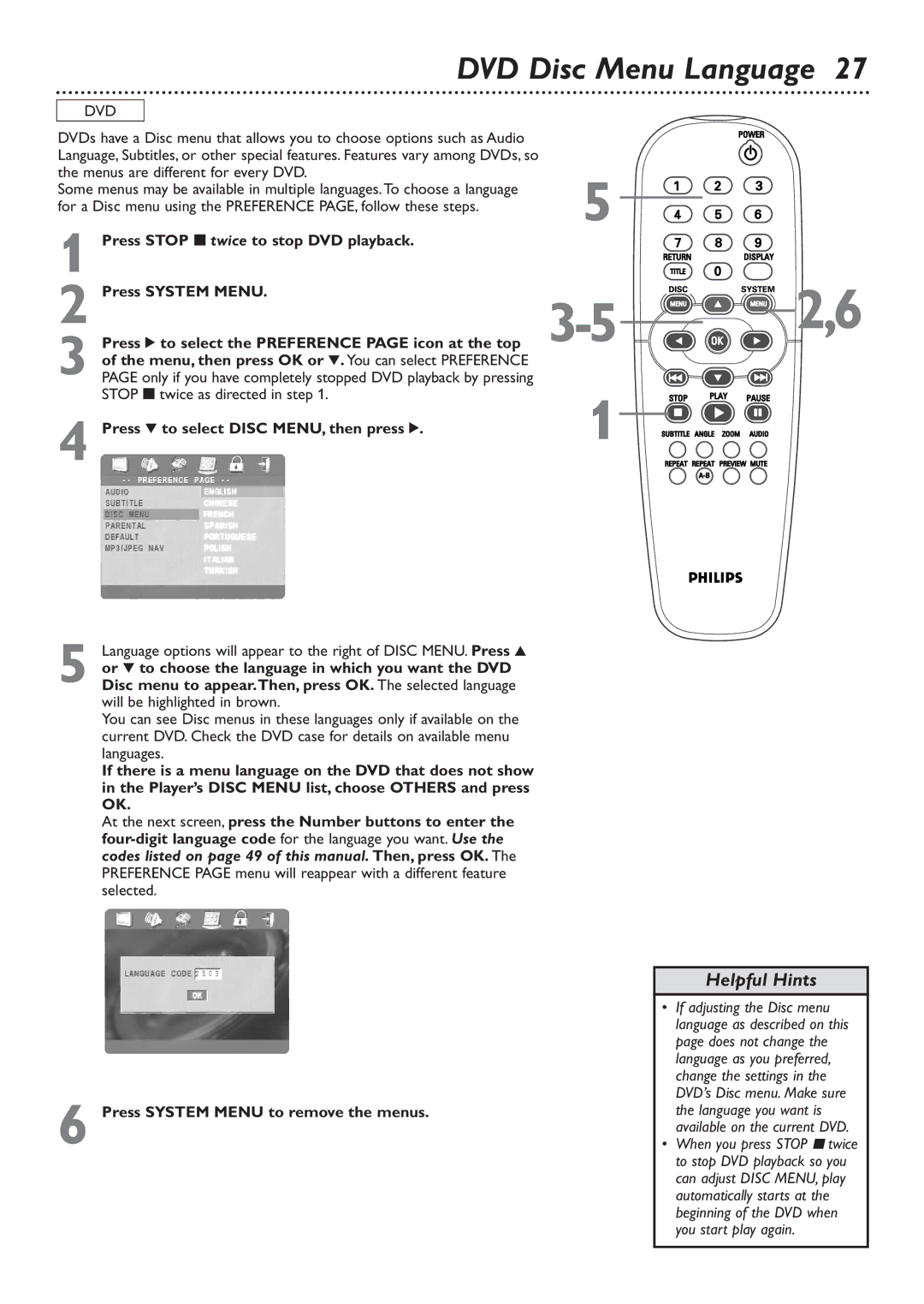 Philips DVD726v2 owner manual DVD Disc Menu Language 