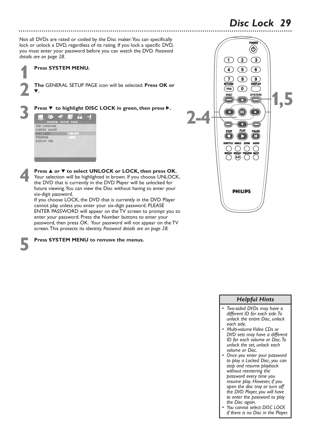 Philips DVD726v2 owner manual Press 4 to highlight Disc Lock in green, then press 