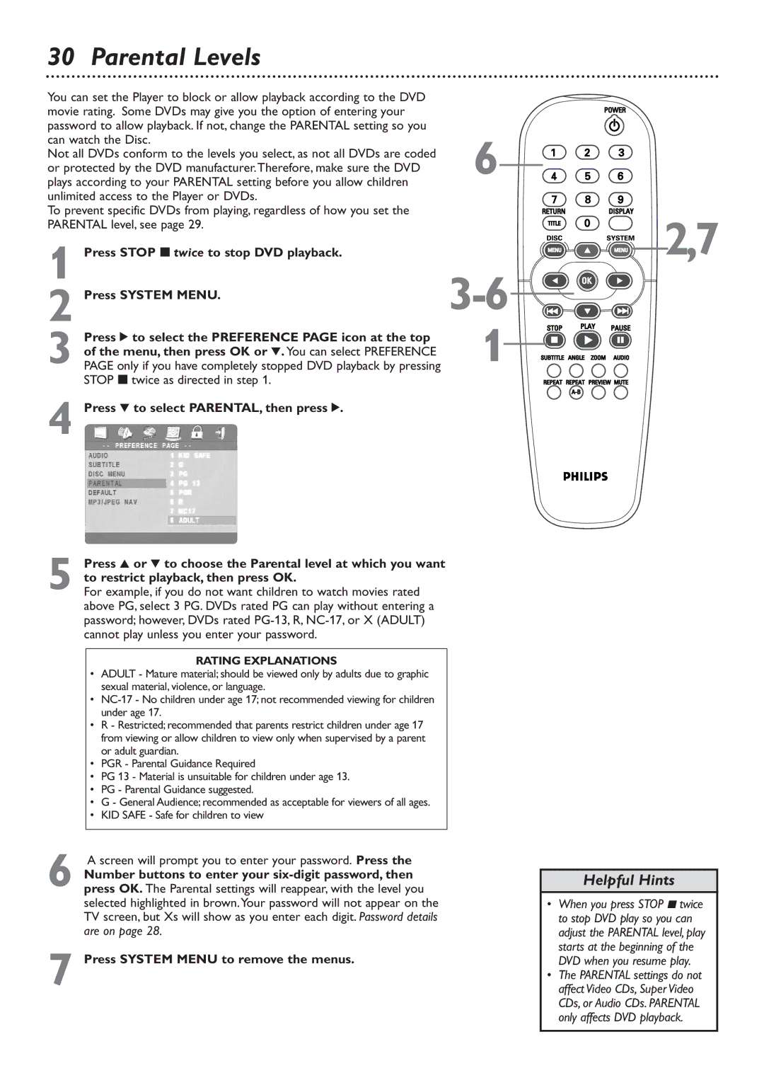 Philips DVD726v2 owner manual Parental Levels, Rating Explanations 