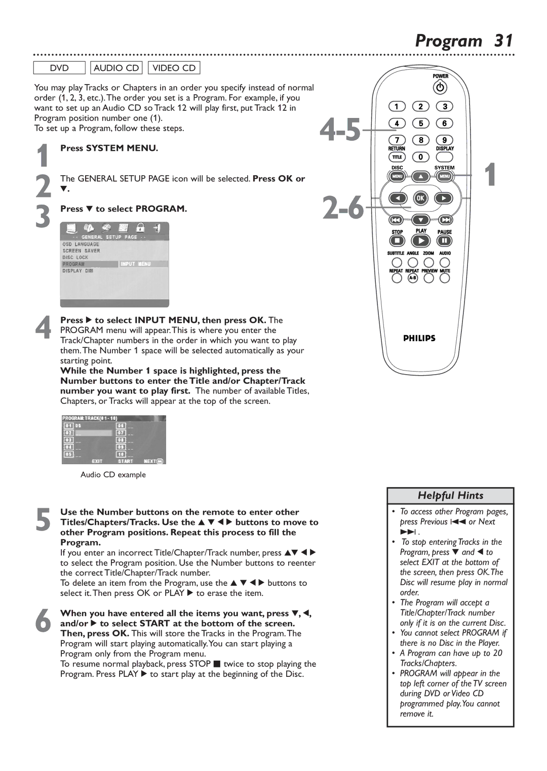 Philips DVD726v2 owner manual Press 4 to select Program 