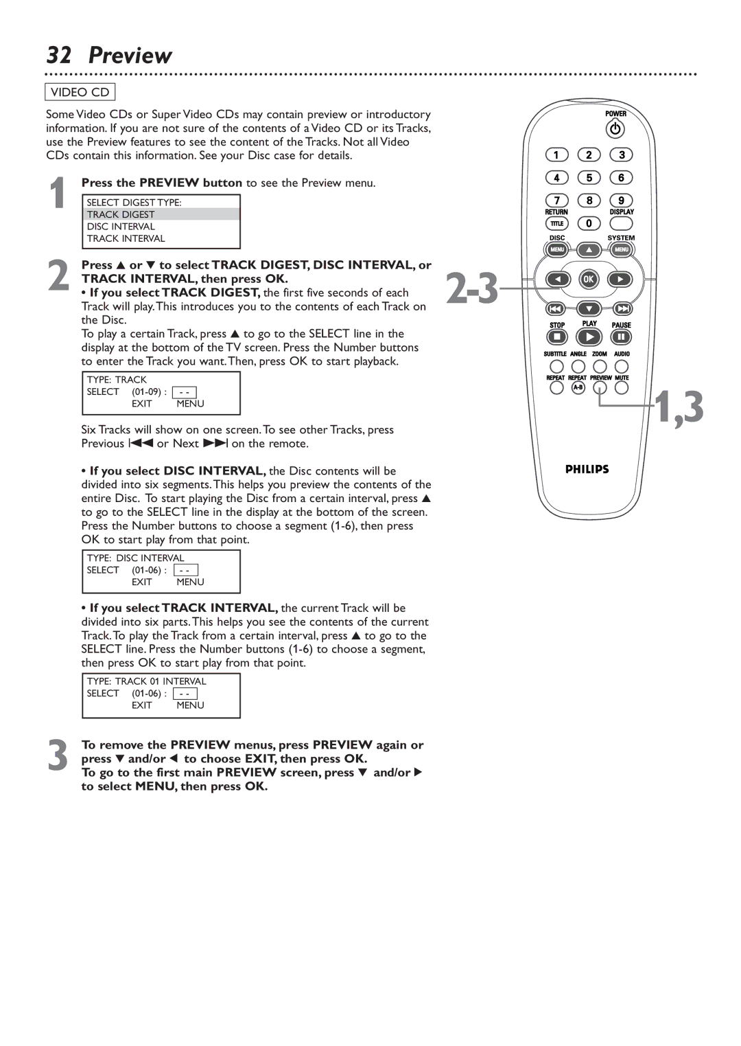 Philips DVD726v2 owner manual Press the Preview button to see the Preview menu, Track INTERVAL, then press OK 