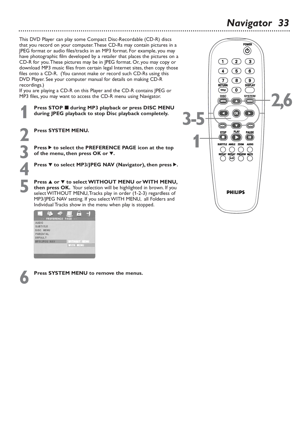 Philips DVD726v2 owner manual Navigator, Press System Menu to remove the menus 