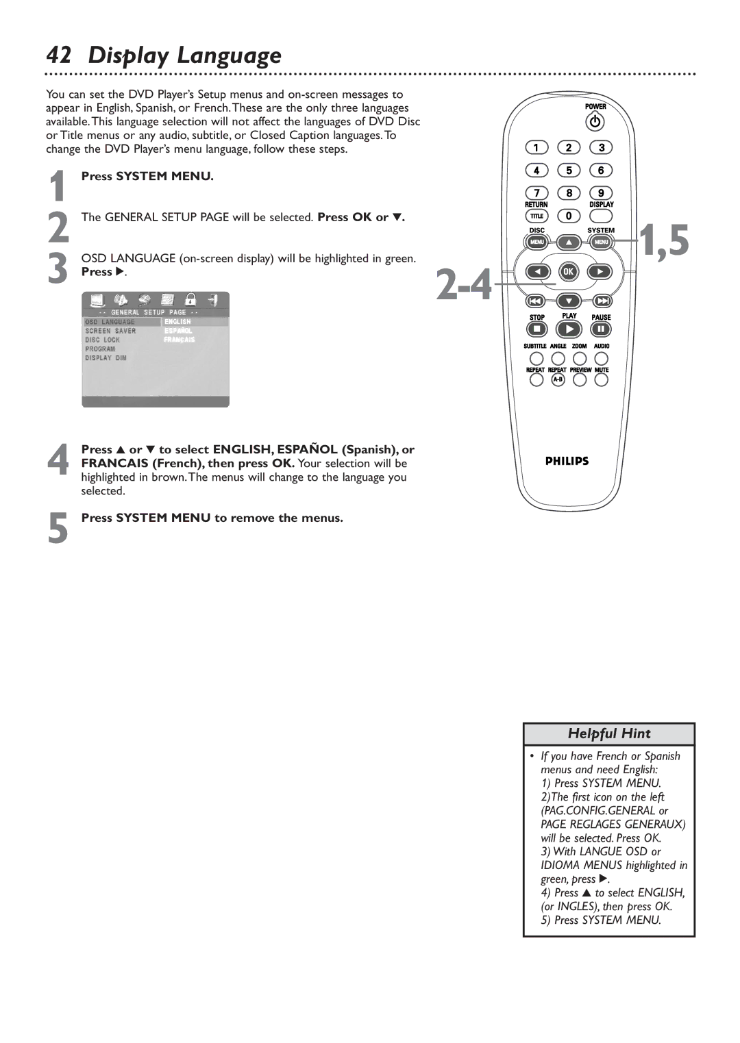 Philips DVD726v2 owner manual Display Language, Press System Menu 