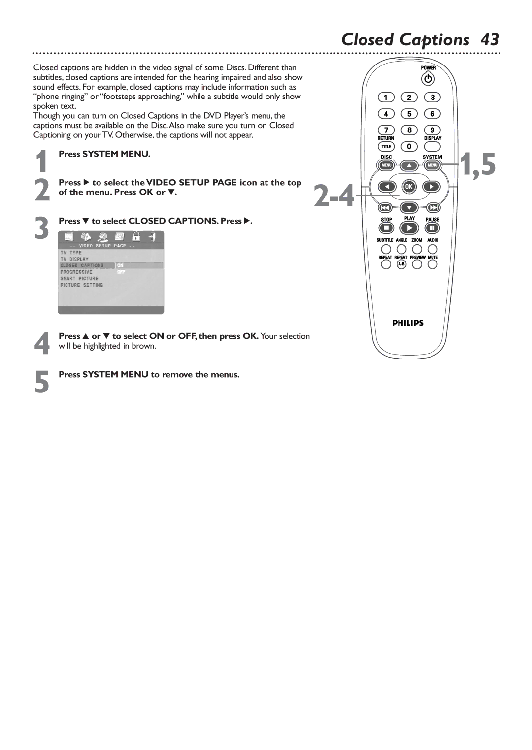 Philips DVD726v2 owner manual Closed Captions 