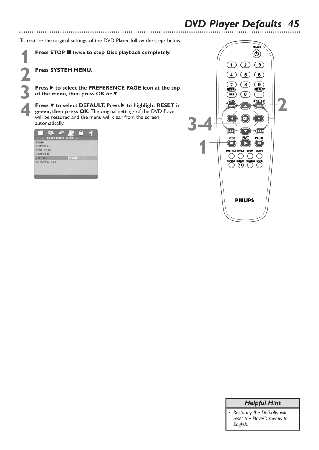 Philips DVD726v2 owner manual DVD Player Defaults 