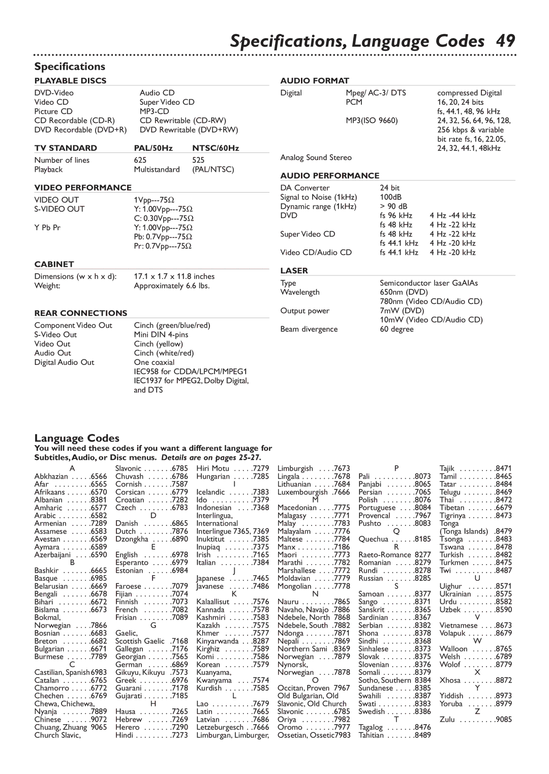 Philips DVD726v2 owner manual Specifications, Language Codes 