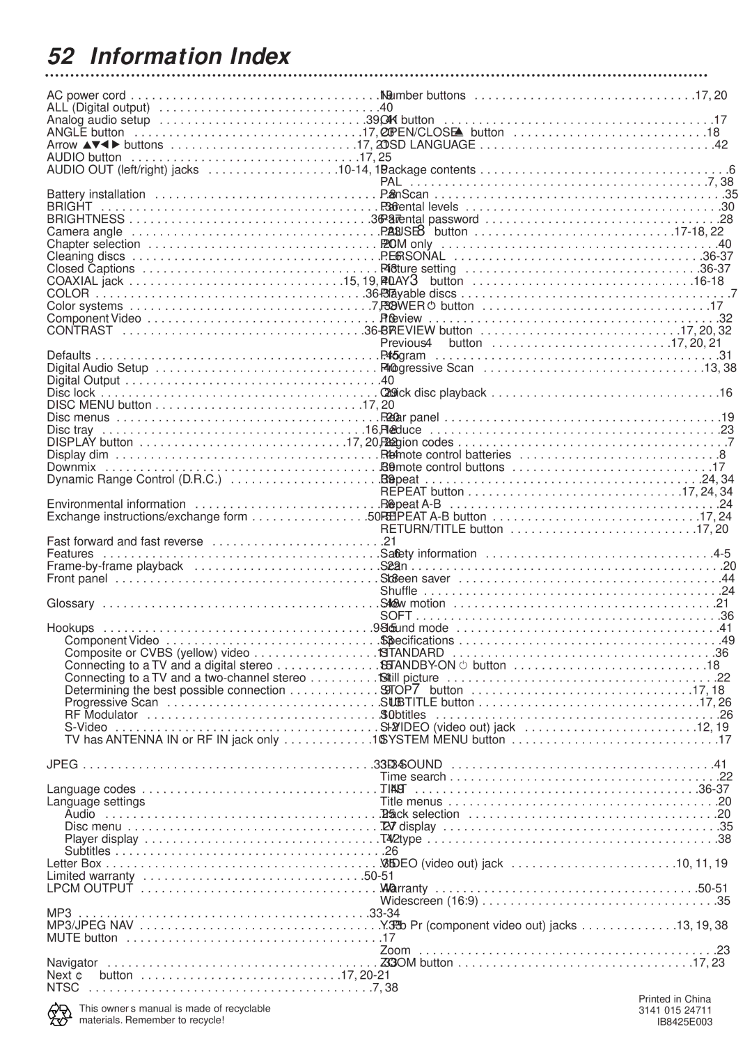 Philips DVD726v2 owner manual Information Index, Contrast 