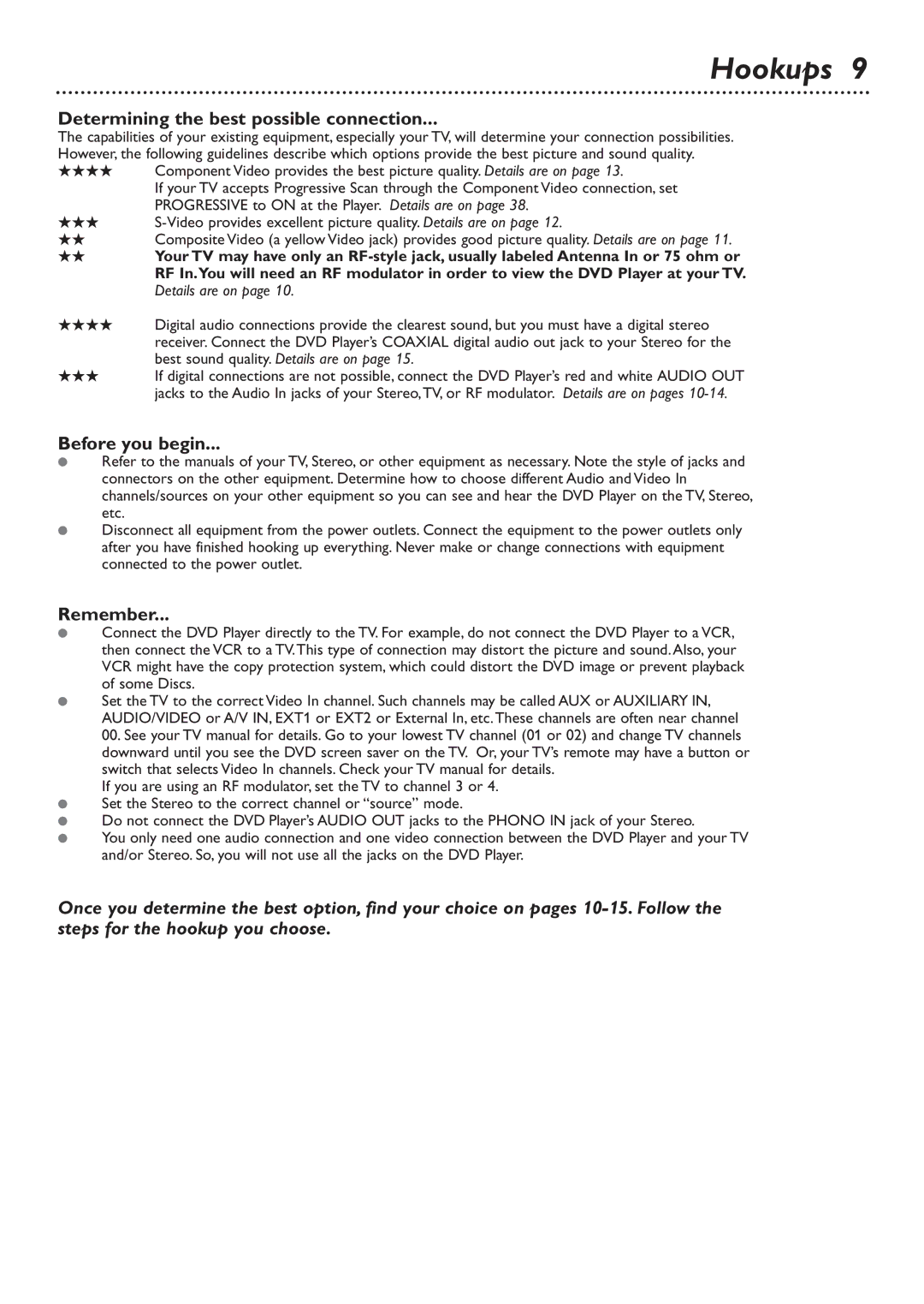 Philips DVD726v2 owner manual Hookups, Determining the best possible connection, Before you begin, Remember 