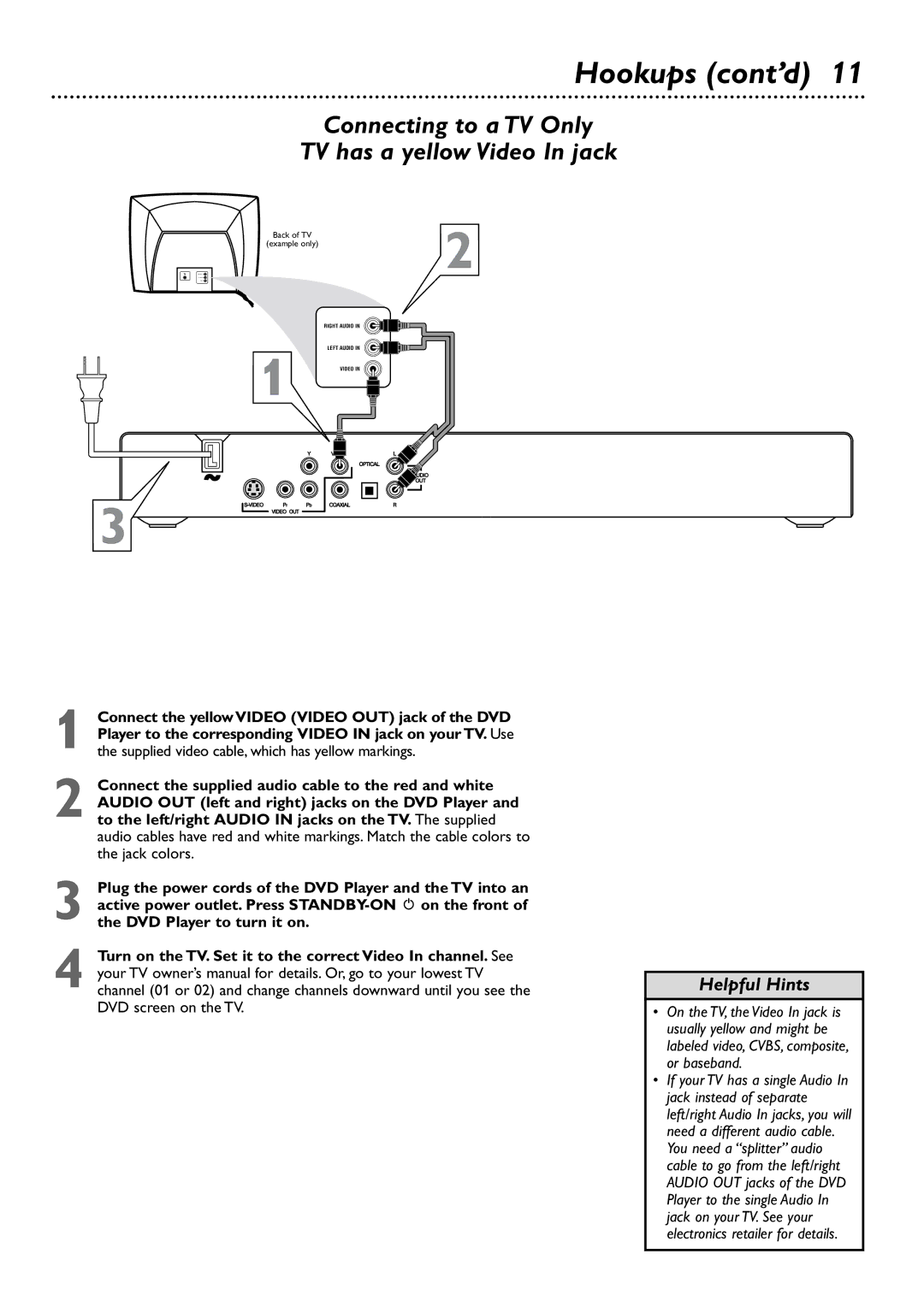 Philips DVD727 owner manual Connecting to a TV Only TV has a yellow Video In jack 