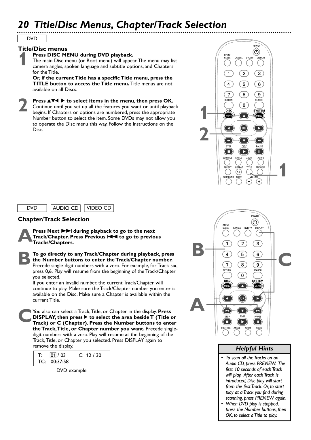 Philips DVD727 Title/Disc Menus, Chapter/Track Selection, Title/Disc menus, Press Disc Menu during DVD playback 