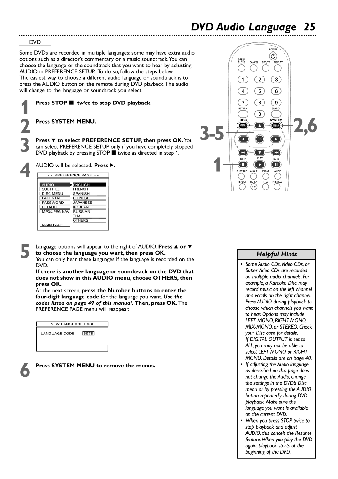 Philips DVD727 owner manual DVD Audio Language, Press System Menu to remove the menus 