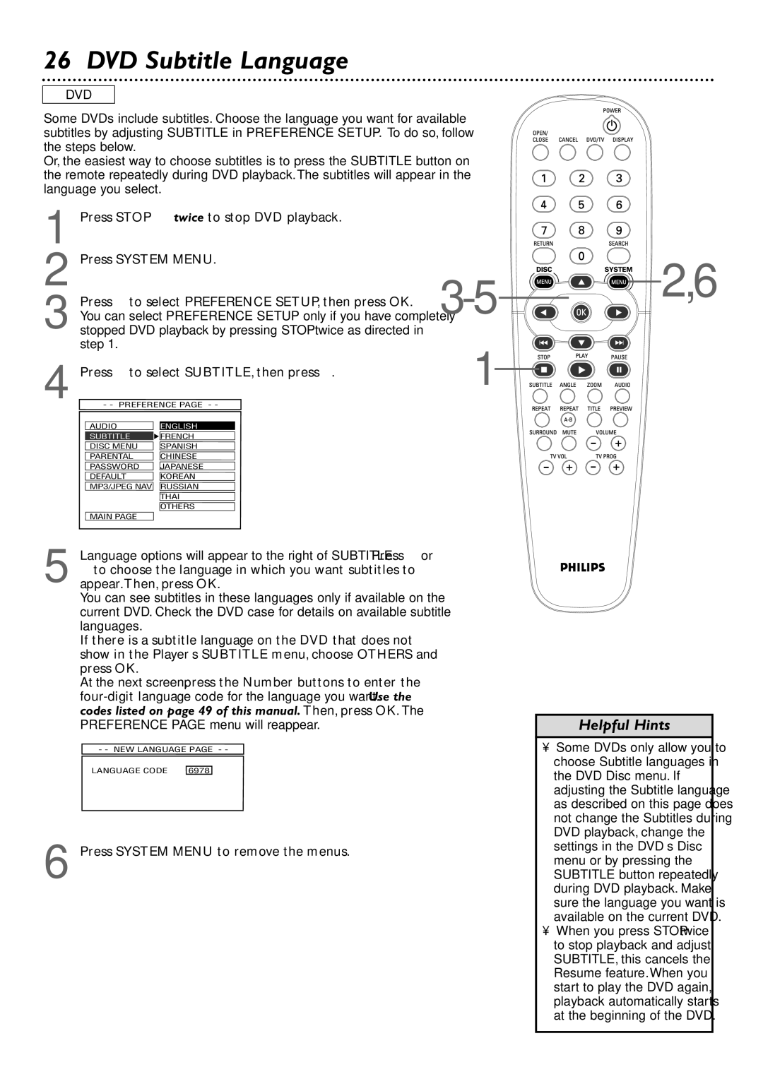 Philips DVD727 owner manual Press 4 to select SUBTITLE, then press, Preference 