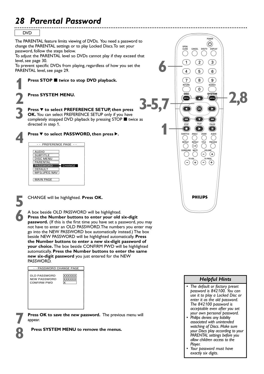 Philips DVD727 owner manual Parental Password 