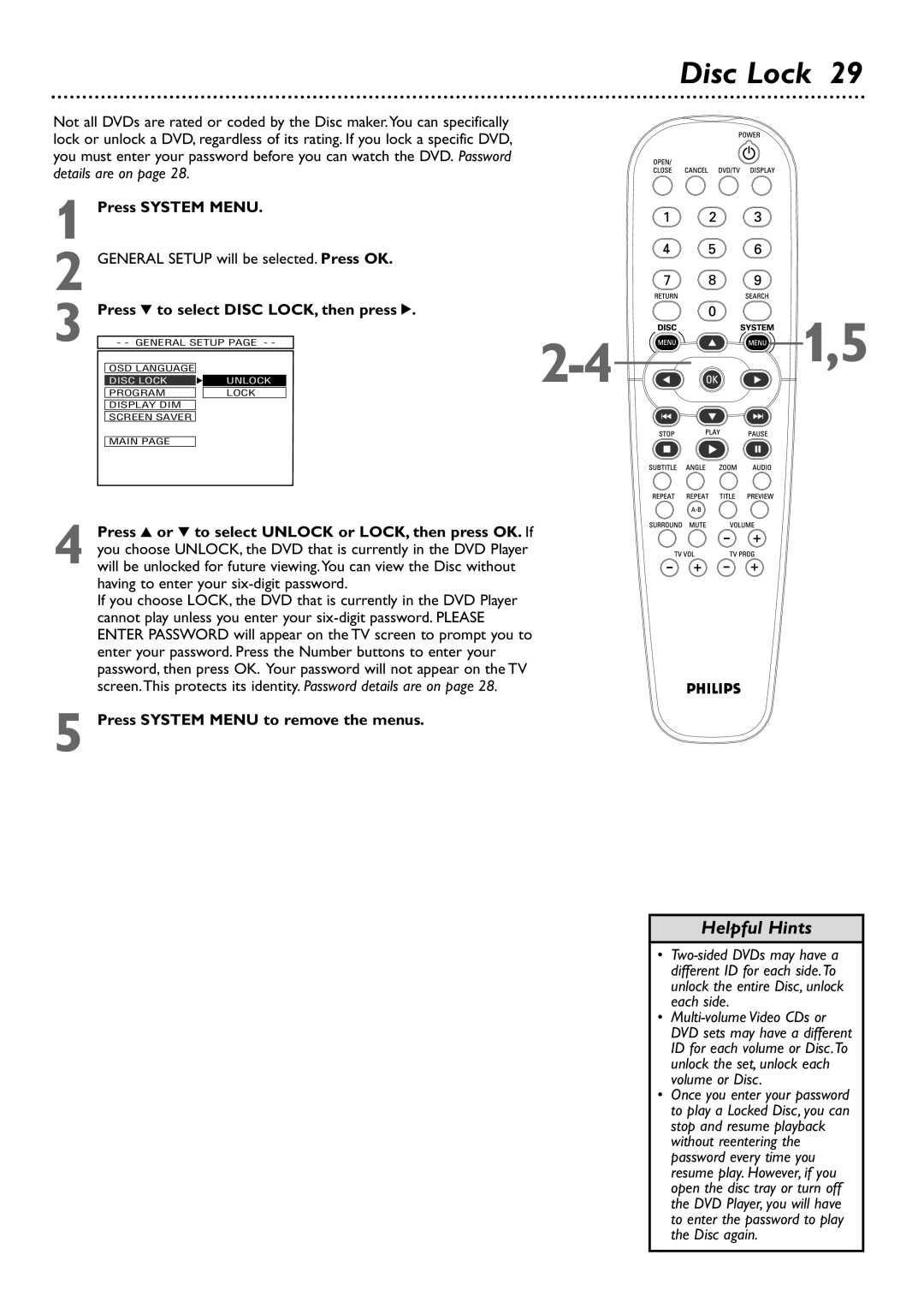 Philips DVD727 owner manual Disc Lock, Press 4 to select Disc LOCK, then press 