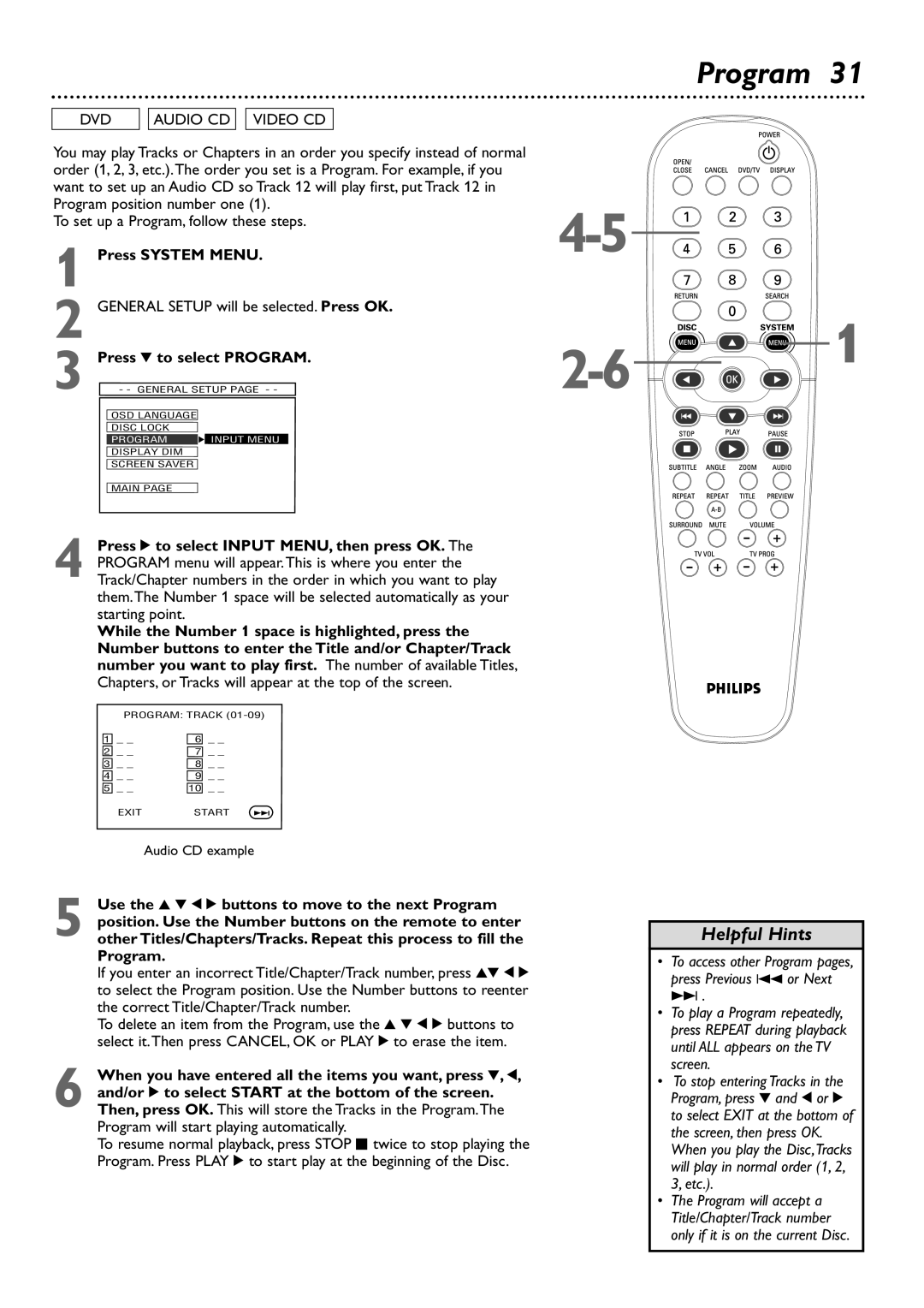 Philips DVD727 owner manual Press 4 to select Program, Press 2 to select Input MENU, then press OK 