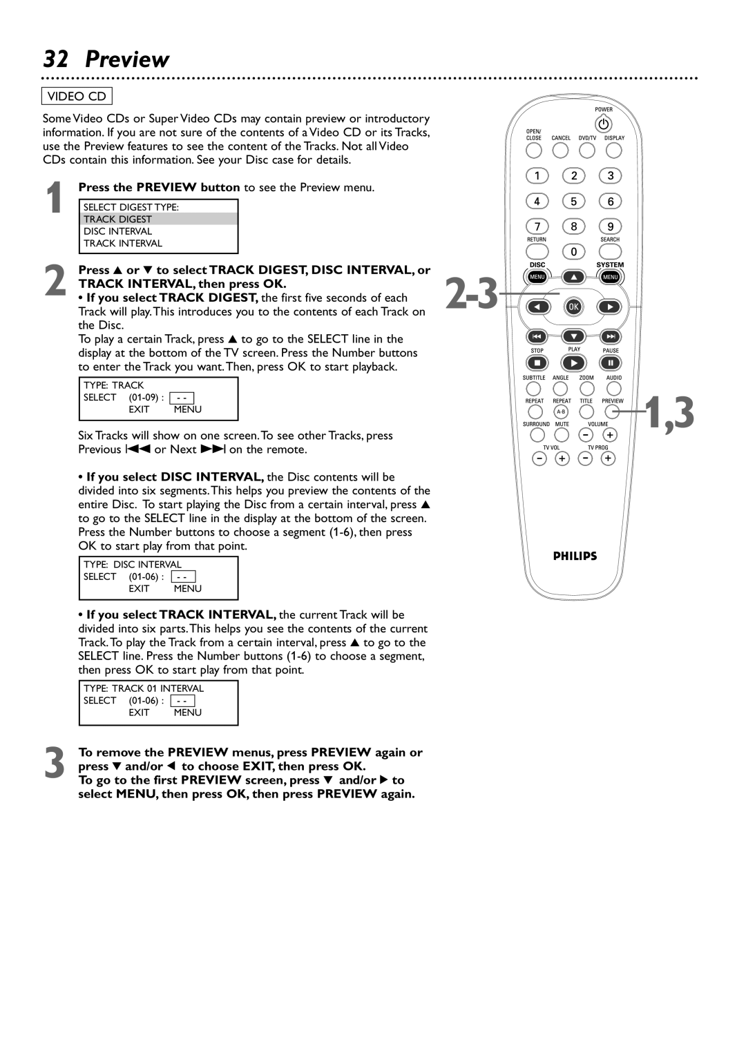 Philips DVD727 owner manual Press the Preview button to see the Preview menu, Track INTERVAL, then press OK 