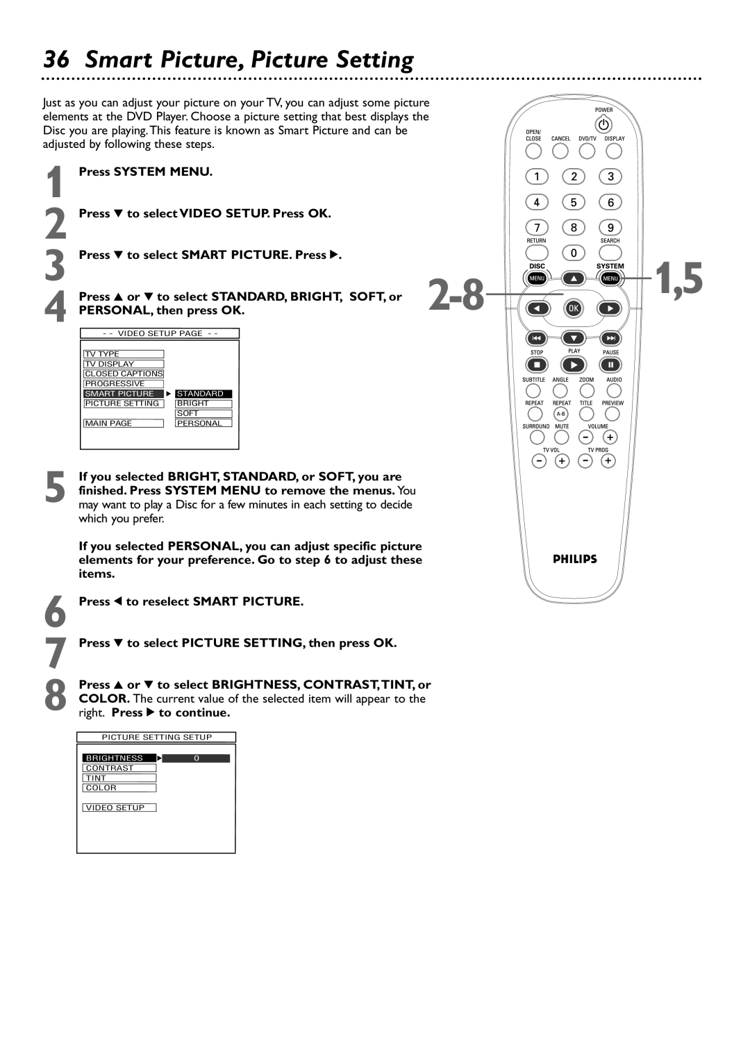 Philips DVD727 owner manual Smart Picture, Picture Setting, Right. Press 2 to continue 