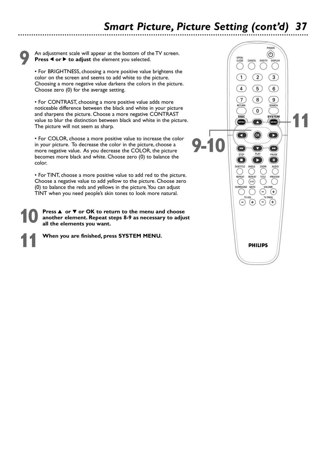 Philips DVD727 owner manual Smart Picture, Picture Setting cont’d 