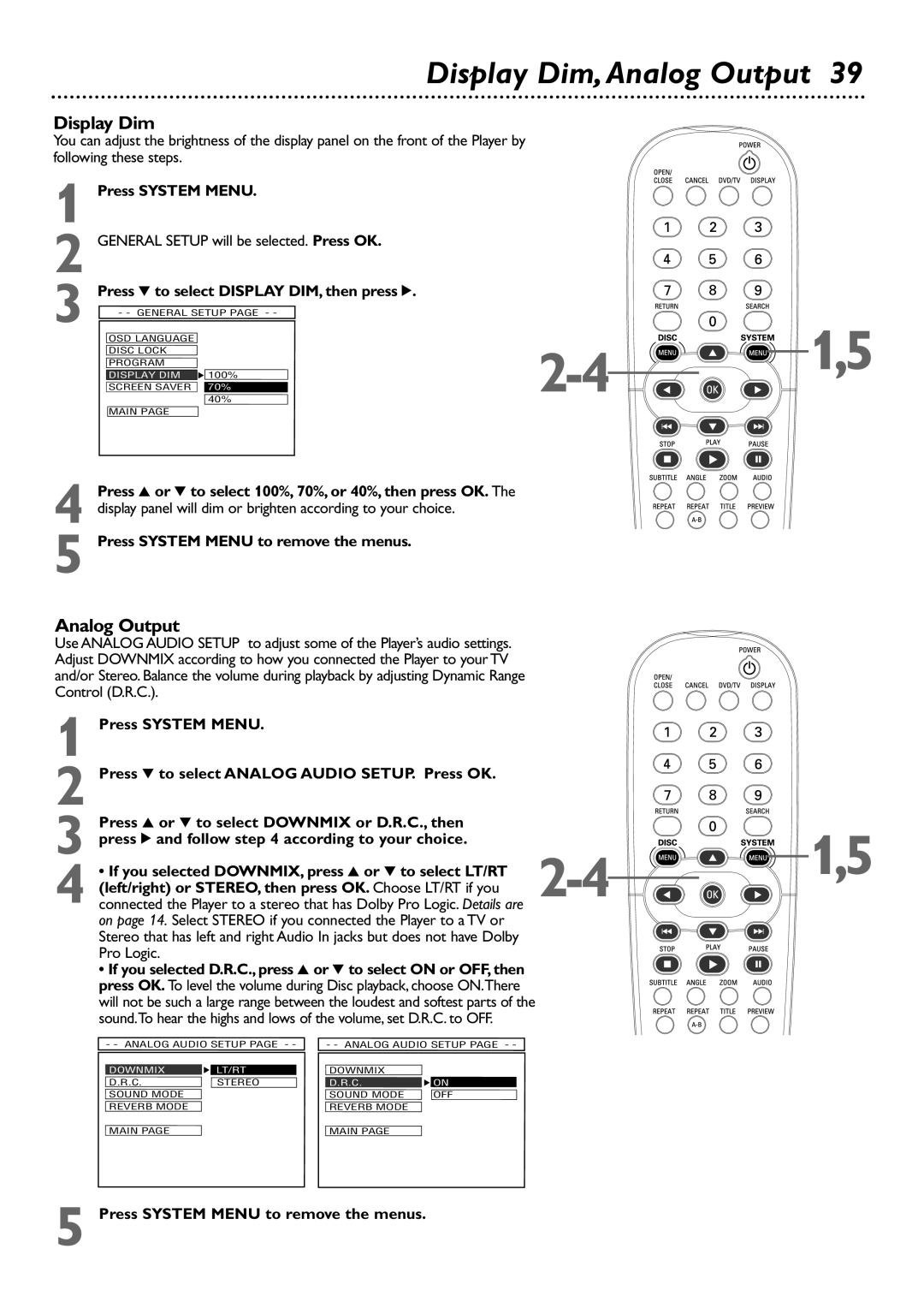 Philips DVD727 owner manual Display Dim, Analog Output, Press 4 to select Display DIM, then press 