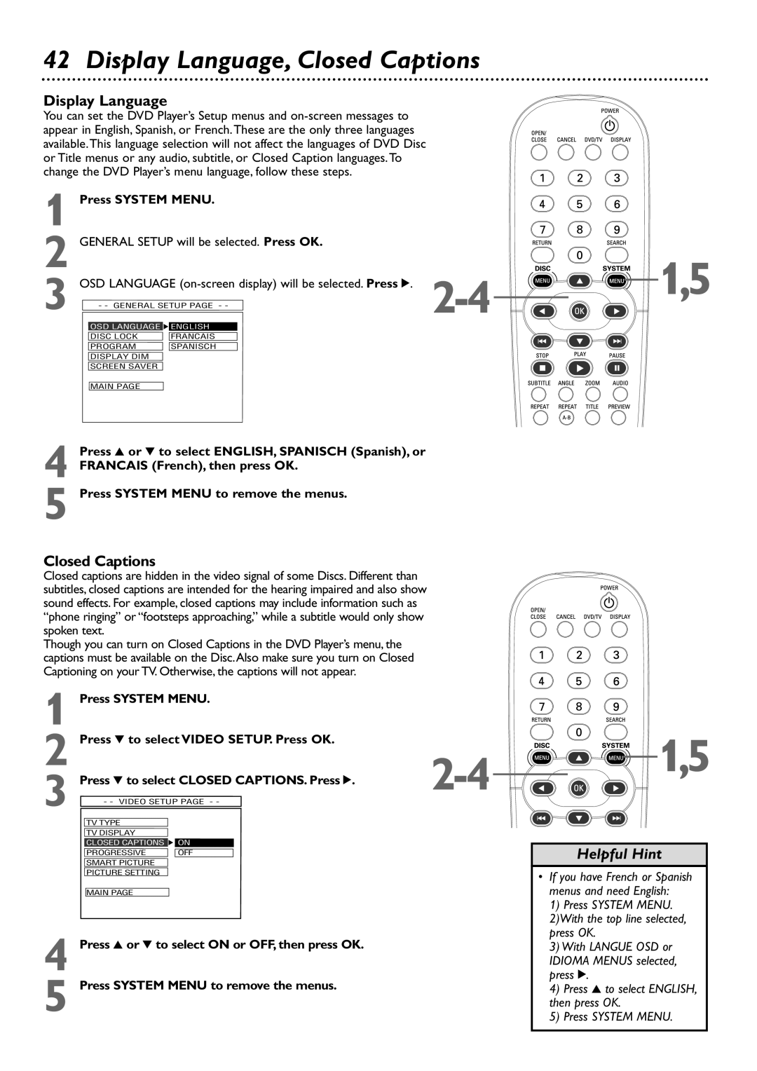 Philips DVD727 owner manual If you have French or Spanish menus and need English 