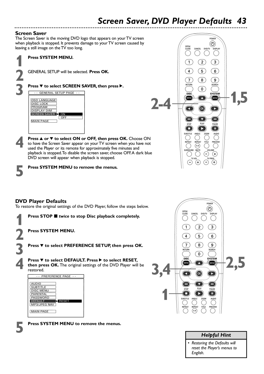 Philips DVD727 owner manual Screen Saver, DVD Player Defaults, Press 4 to select Screen SAVER, then press 