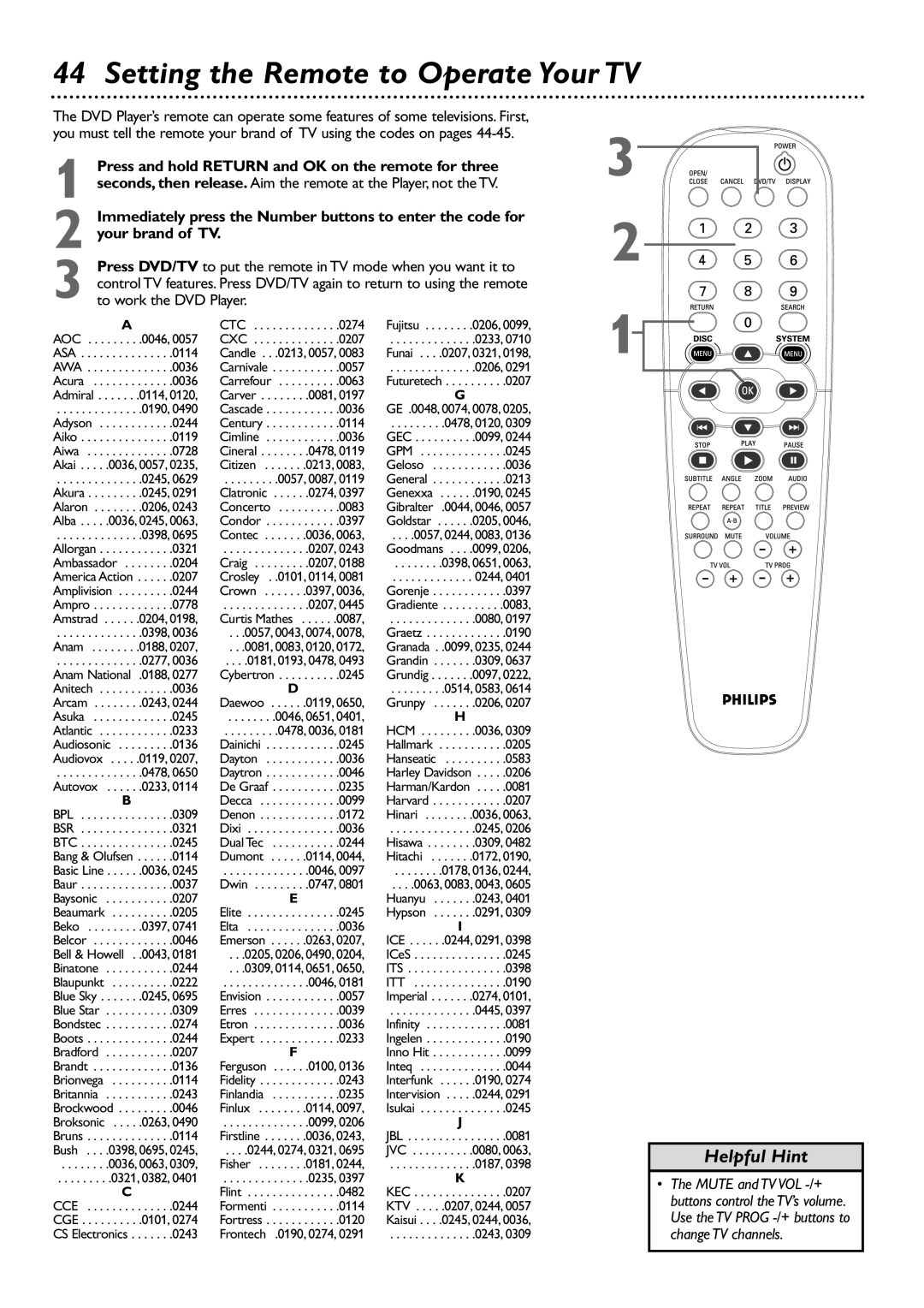 Philips DVD727 owner manual Setting the Remote to Operate Your TV, Press and hold Return and OK on the remote for three 