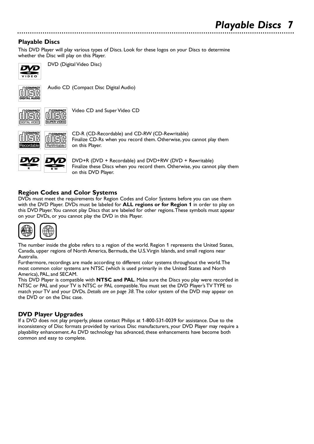 Philips DVD727 owner manual Playable Discs, Region Codes and Color Systems, DVD Player Upgrades 