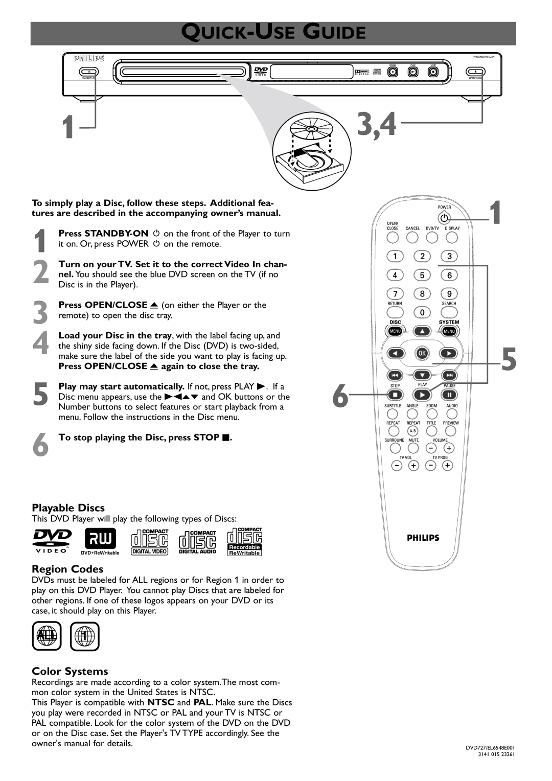 Philips DVD727/17 owner manual Quick-Use, Guide, Playable Discs, Region Codes, Color Systems 