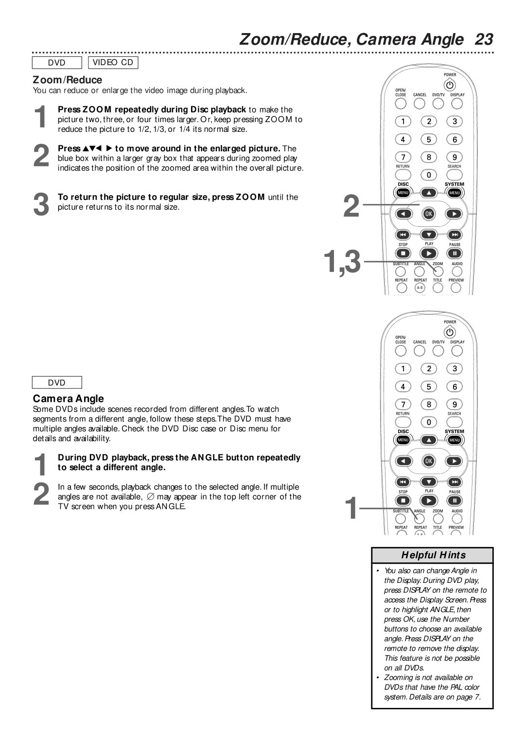 Philips DVD727/99 owner manual Zoom/Reduce, Camera Angle 