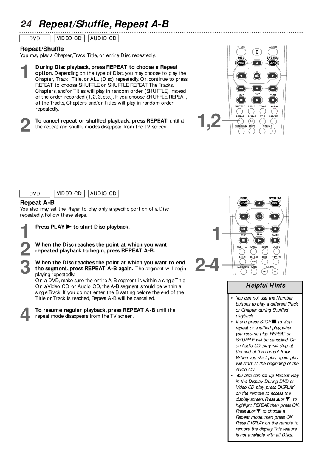 Philips DVD727/99 owner manual Repeat/Shuffle, Repeat A-B 