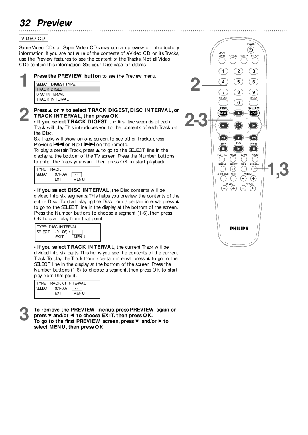 Philips DVD727/99 owner manual Press the Preview button to see the Preview menu, Track INTERVAL, then press OK 