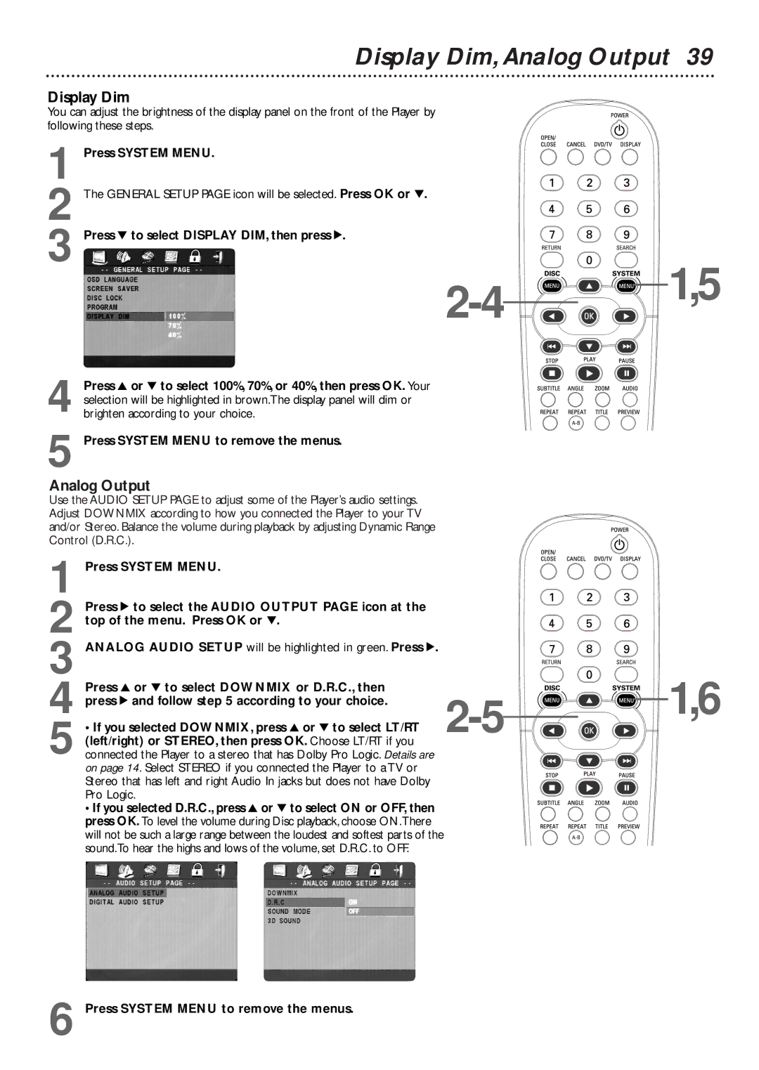 Philips DVD727/99 owner manual Display Dim,Analog Output, Press 4 to select Display DIM, then press 