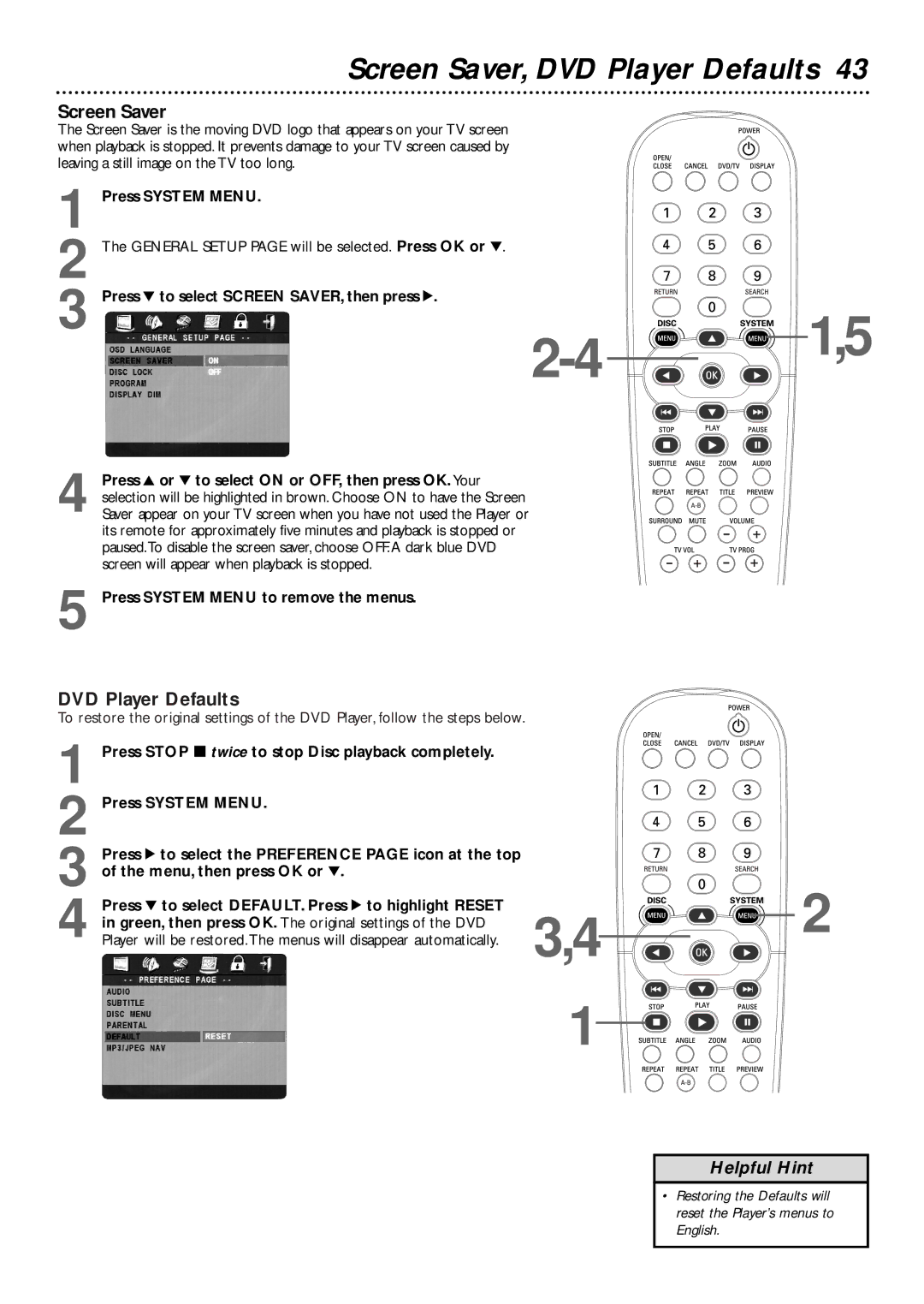 Philips DVD727/99 owner manual Screen Saver, DVD Player Defaults 