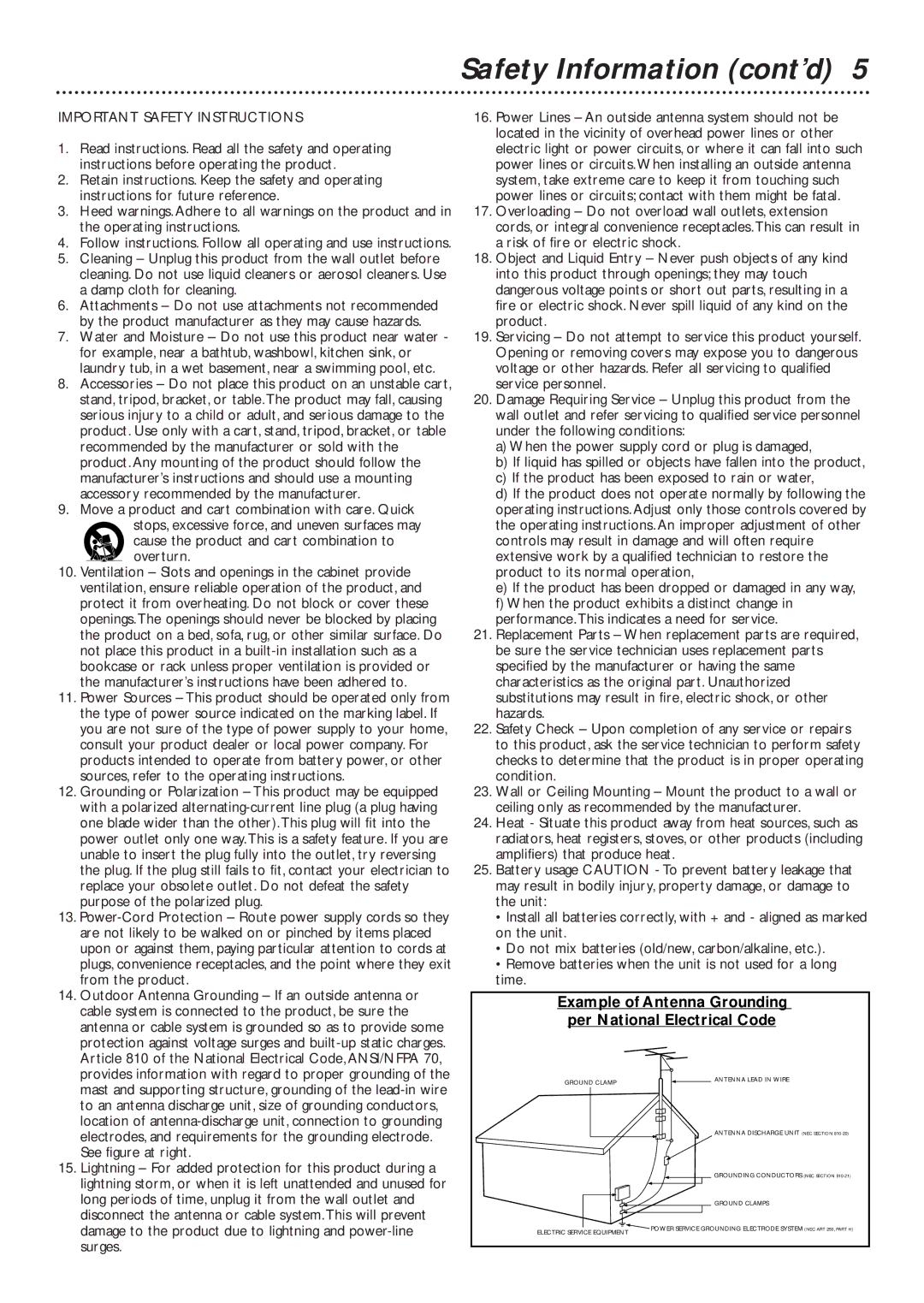 Philips DVD727/99 owner manual Safety Information cont’d, Example of Antenna Grounding per National Electrical Code 