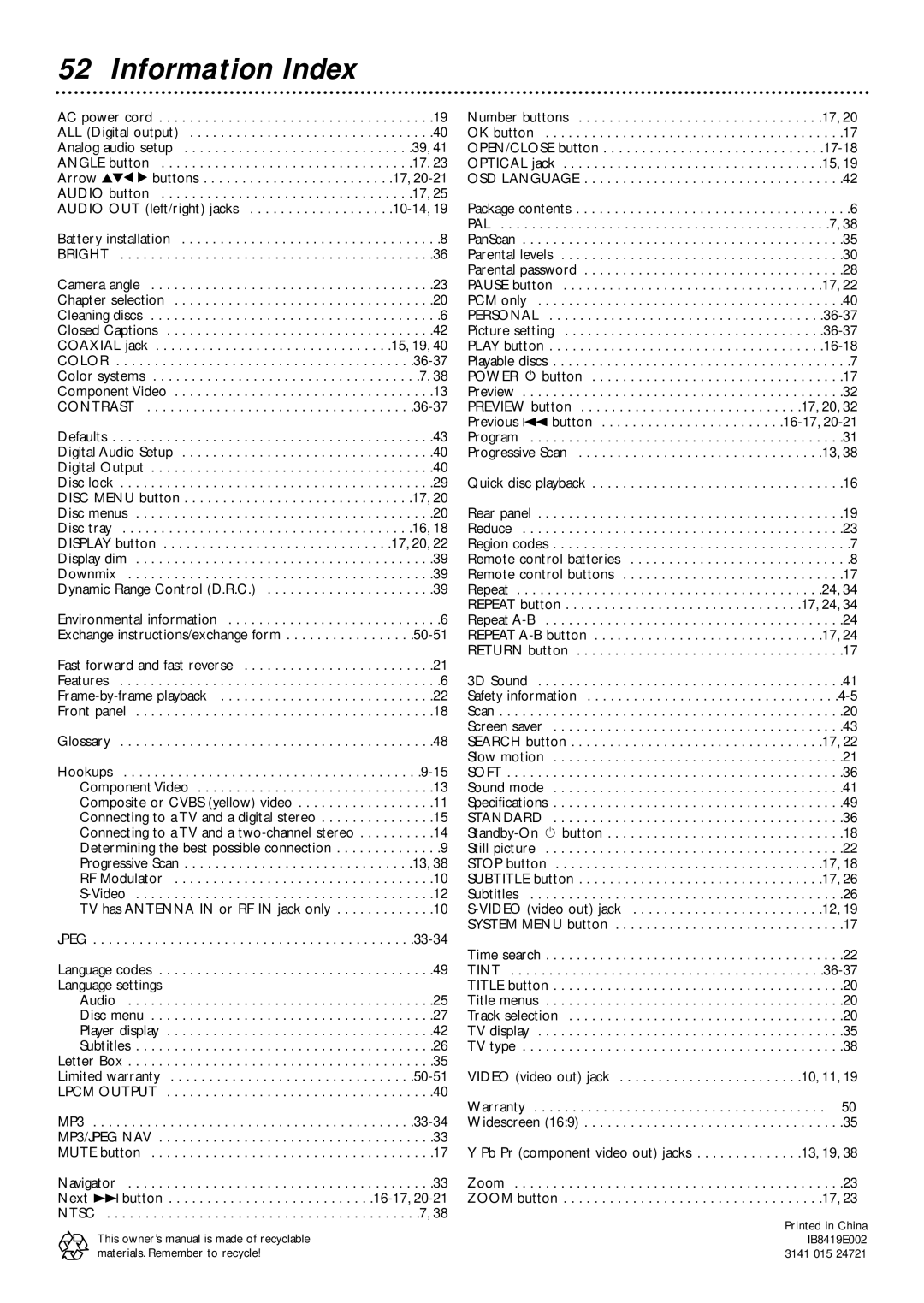 Philips DVD727/99 owner manual Information Index, Contrast 