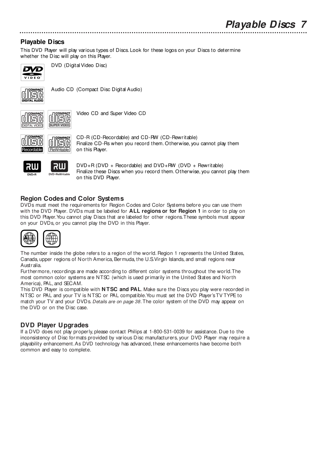 Philips DVD727/99 owner manual Playable Discs, Region Codes and Color Systems, DVD Player Upgrades 