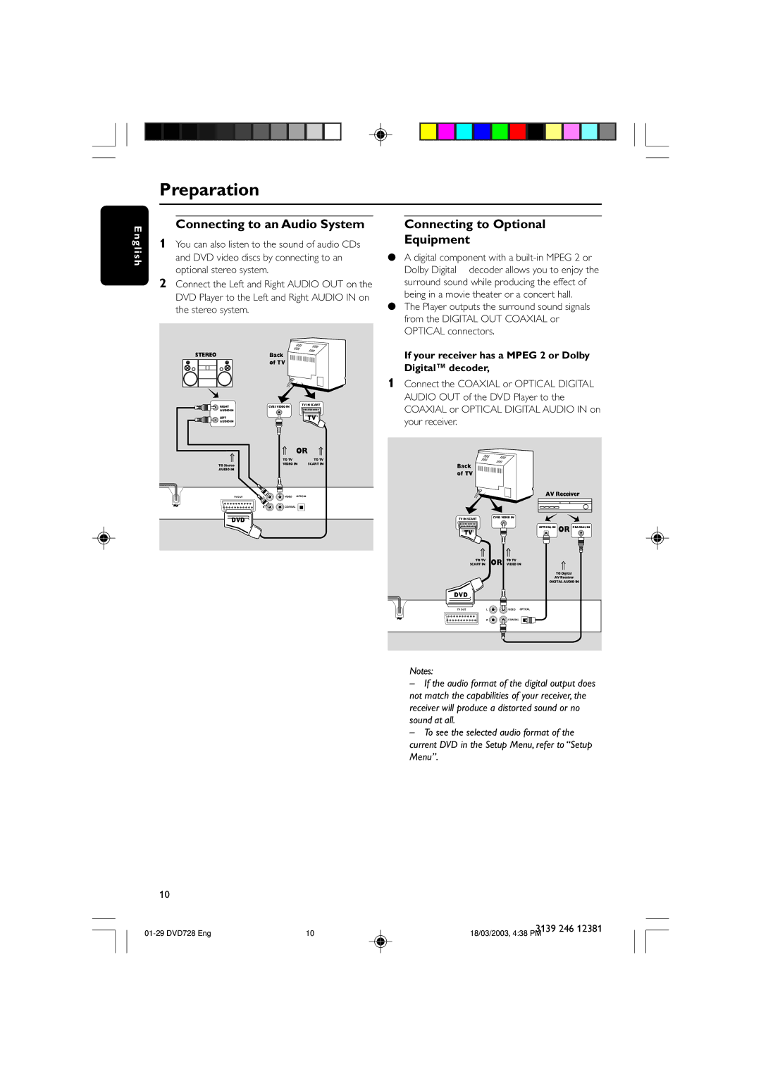 Philips DVD728/001 owner manual Preparation, Connecting to an Audio System, Connecting to Optional Equipment 