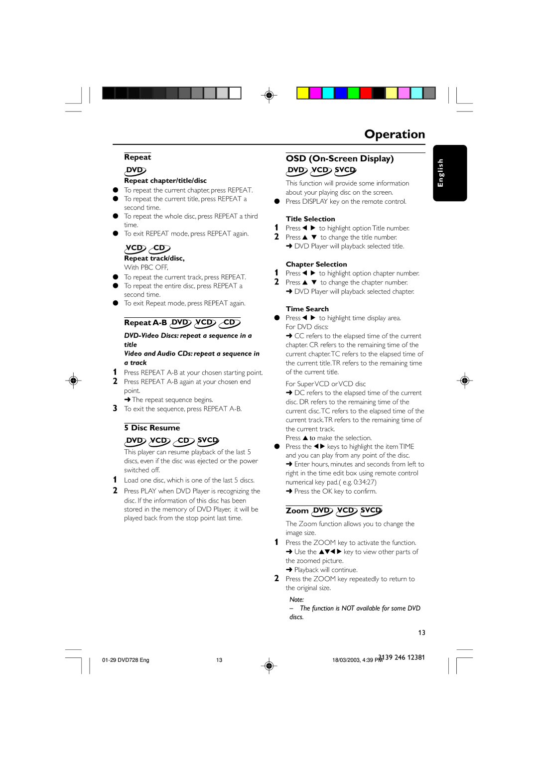 Philips DVD728/001 owner manual OSD On-Screen Display, Repeat A-B DVD VCD CD, Disc Resume 