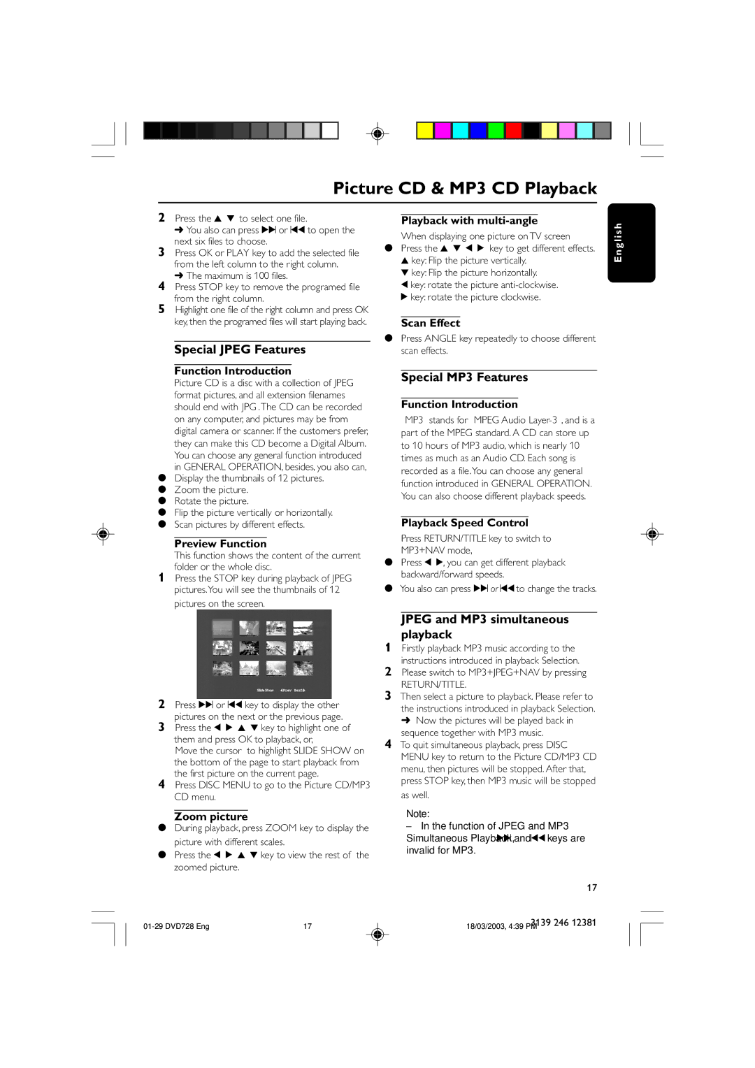 Philips DVD728/001 owner manual Special Jpeg Features, Special MP3 Features, Jpeg and MP3 simultaneous playback 