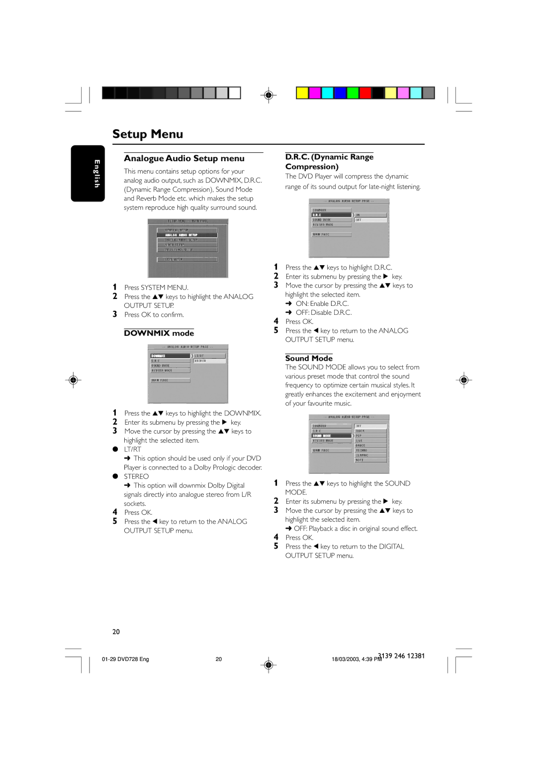 Philips DVD728/001 owner manual Analogue Audio Setup menu, Downmix mode, C. Dynamic Range Compression, Sound Mode 