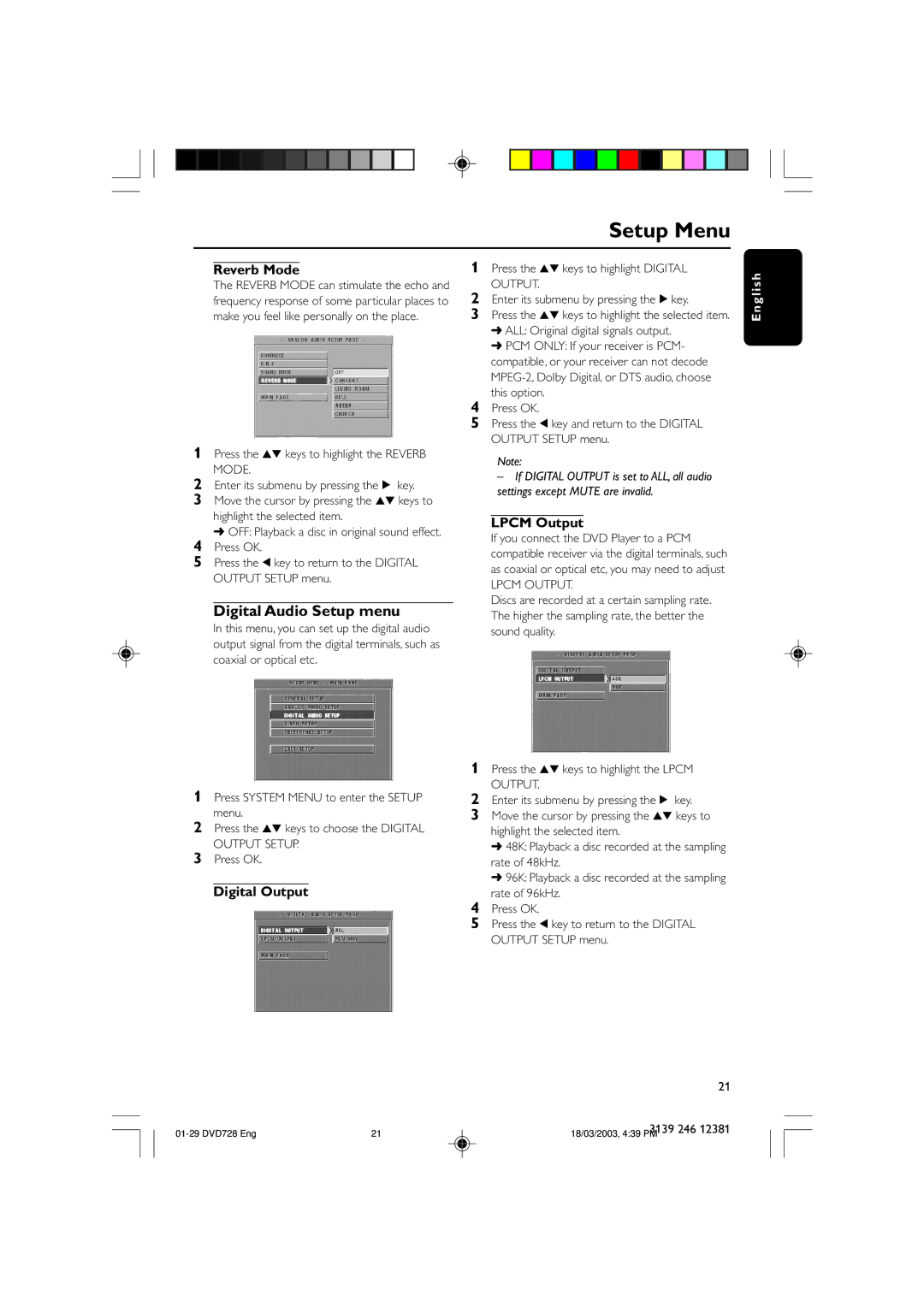 Philips DVD728/001 owner manual Digital Audio Setup menu, Reverb Mode, Digital Output, Lpcm Output 