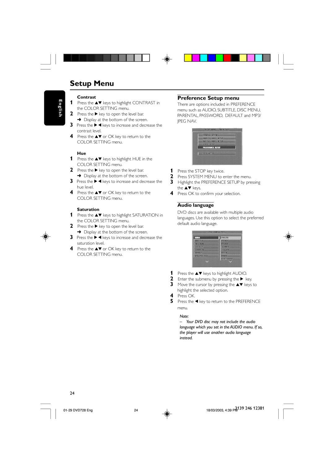 Philips DVD728/001 owner manual Preference Setup menu, Audio language, Contrast, Hue, Saturation 